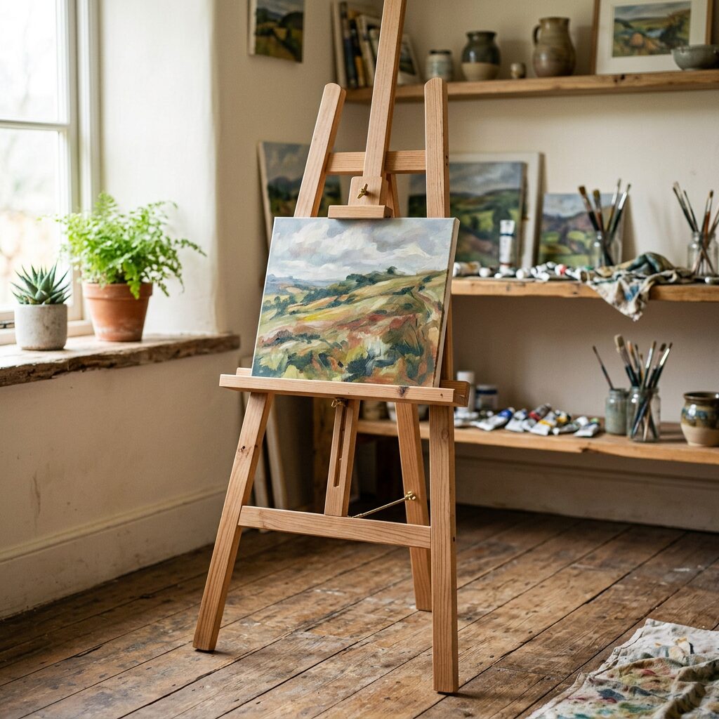Wooden easel holding a landscape oil painting with art supplies on shelves in background
